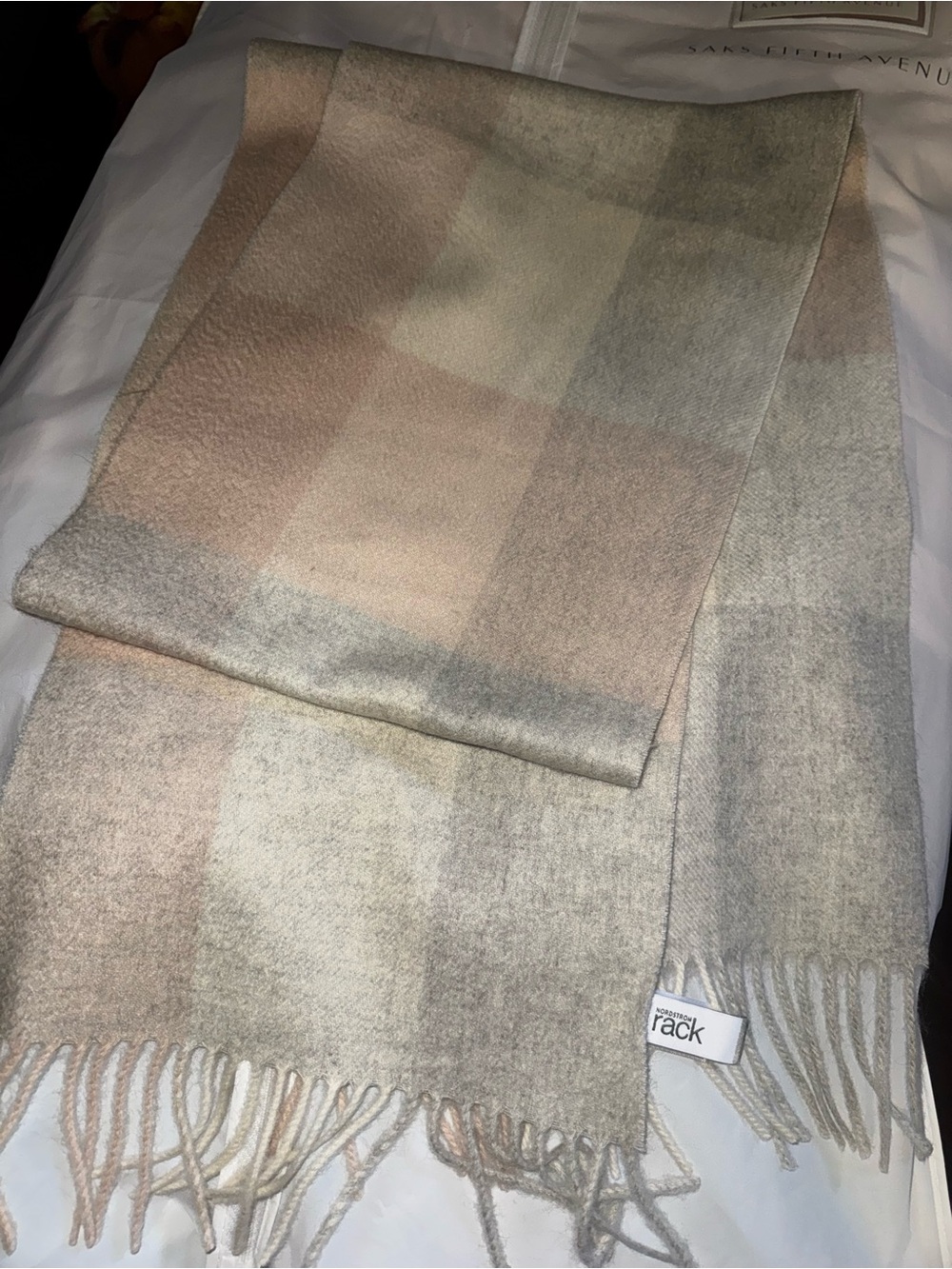 100% Cashmere Plaid Scarf Blush Pink Gray Cream Fringe Soft Winter Wrap